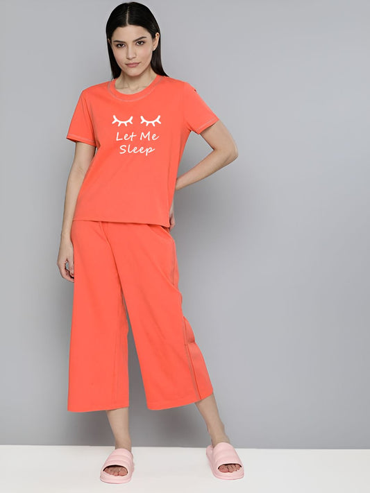 Let Me Sleep Printed Essential Orange Solid Co-ord set