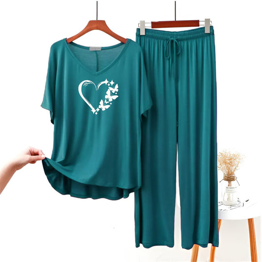 Heart Printed Half sleeves Plain Green V Neck T shirt with Green Palazzo Pajama Set