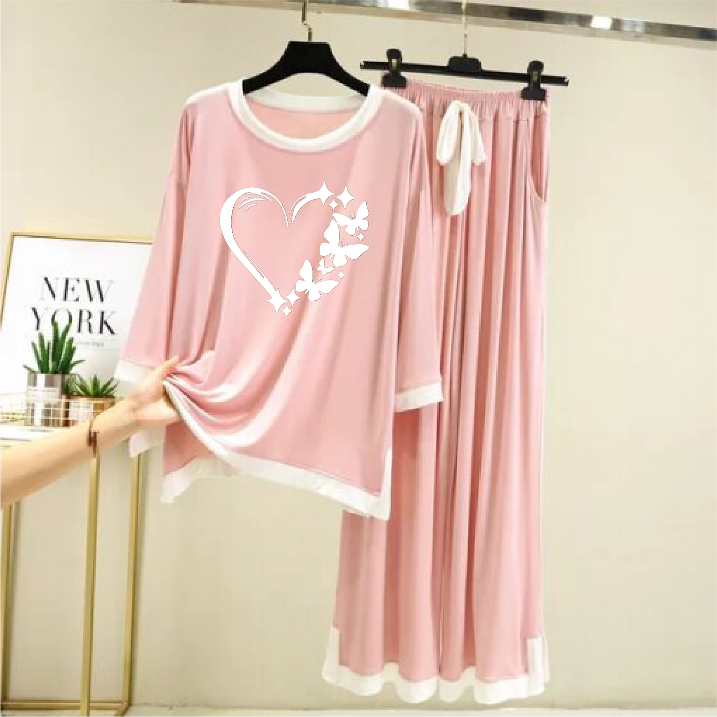 Heart Printed Full sleeves Pink with White Round Neck Palazzo Pajama Set