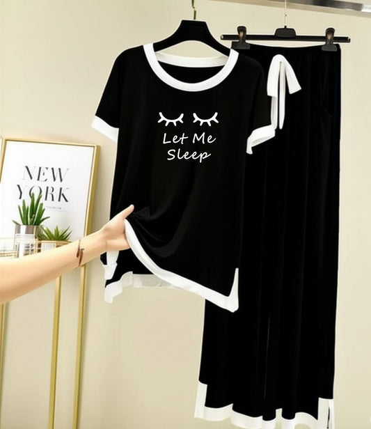 Let Me Sleep Printed Half sleeves Black with White Round Neck Palazzo Pajama Set
