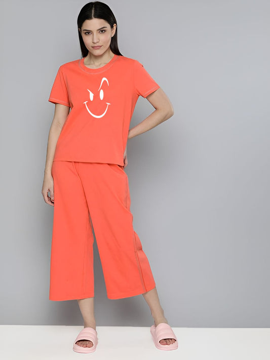Smiley face Printed Essential Orange Solid Co-ord set