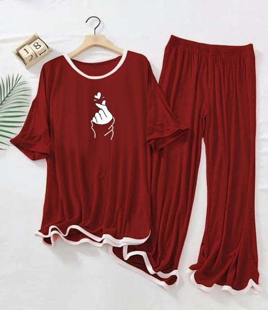 Love Heart Printed Half sleeves Maroon with White Round Neck Palazzo Pajama Set