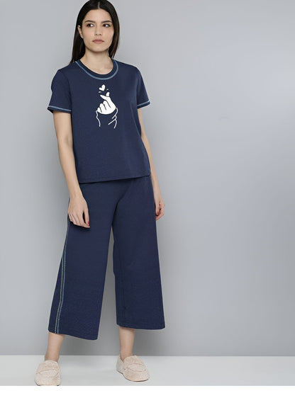 Love Heart Printed Essential Navy Blue Solid Co-ord set