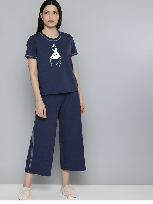 Love Heart Printed Essential Navy Blue Solid Co-ord set