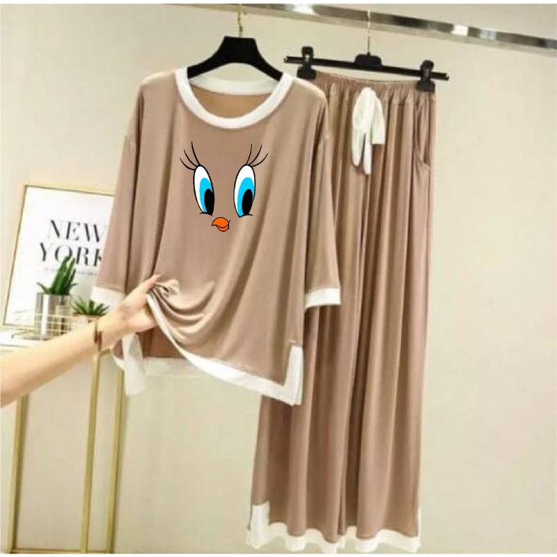 Daffy Duck Printed Full sleeves Brown with White Round Neck Palazzo Pajama Set