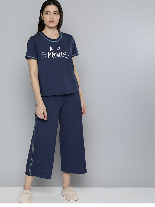 Meow Printed Essential Navy Blue Solid Co-ord set