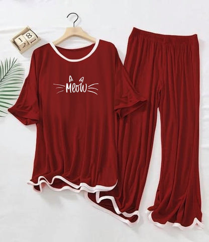 Meow Printed Half sleeves Maroon with White Round Neck Palazzo Pajama Set