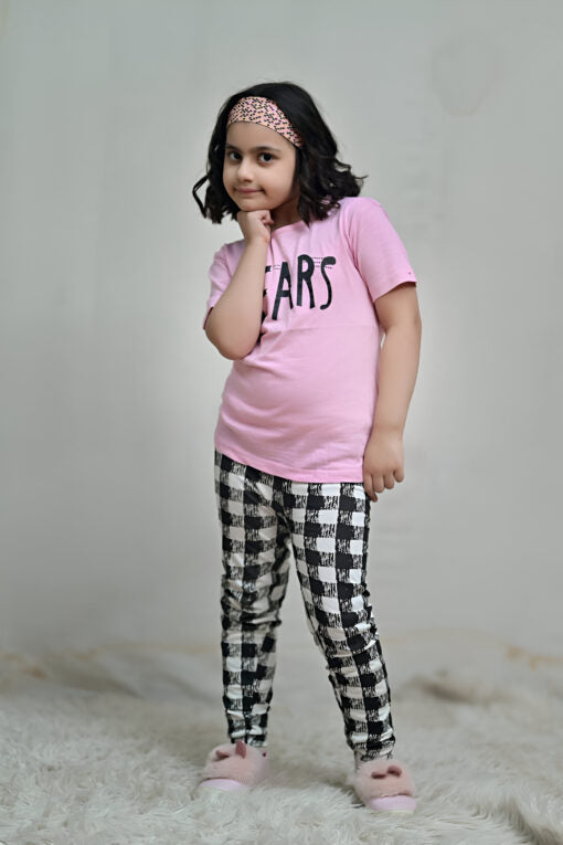 Baby Or Baba Pink Tears Print Half Sleeves T-shirt With Check Printed Pajama
