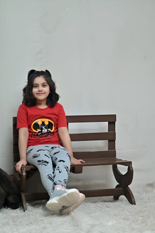 Baby Or Baba Red Bat Print Half Sleeves T-shirt With Printed Pajama
