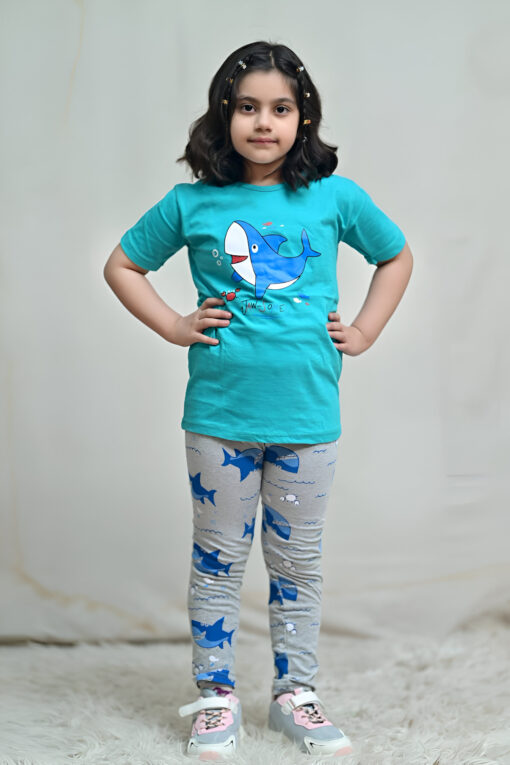 Baby or Baba Green Shark Print Half Sleeves T-Shirt with Pajama