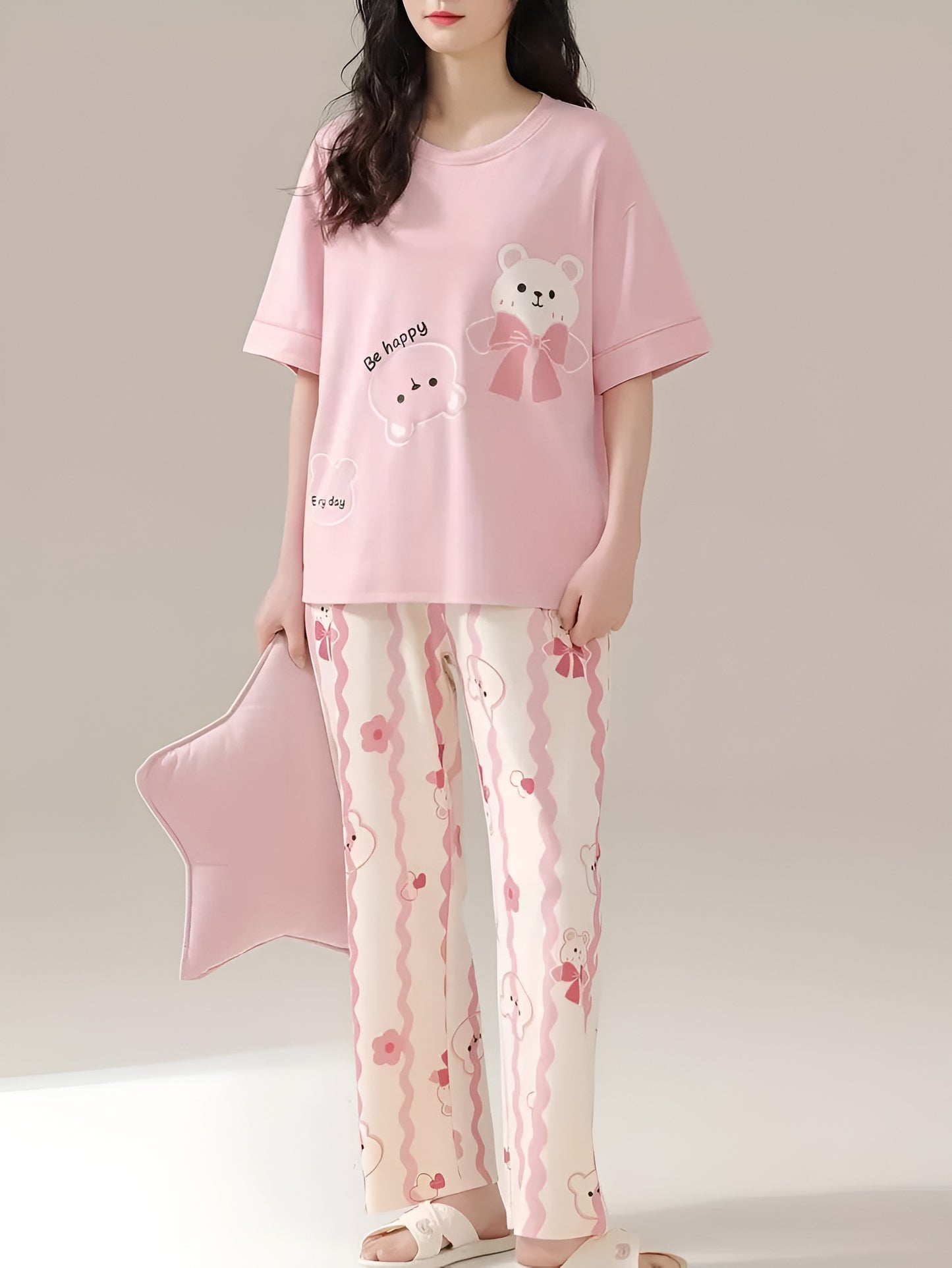 Be Happy Pink Bear Printed Pajama Set