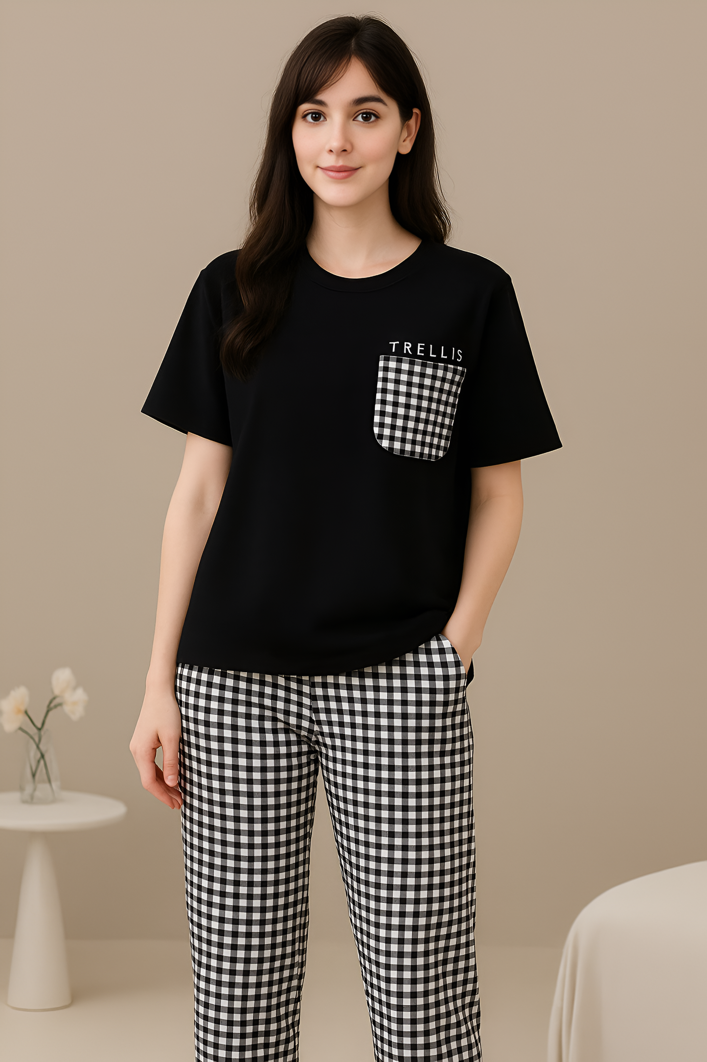 Black Checked Pocket Pajama Set