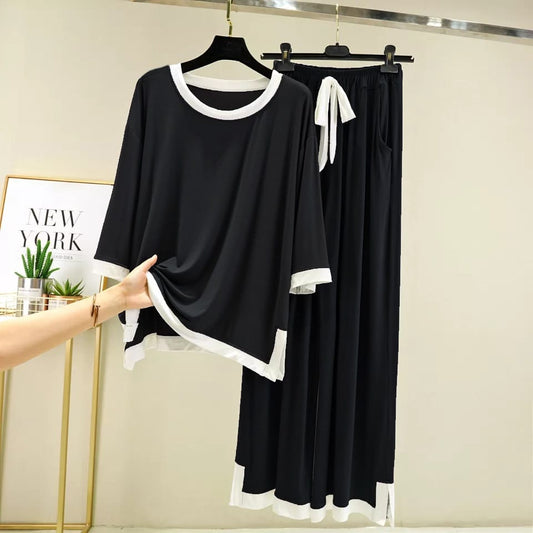 Full sleeves Black with White Round Neck Palazzo Pajama Set