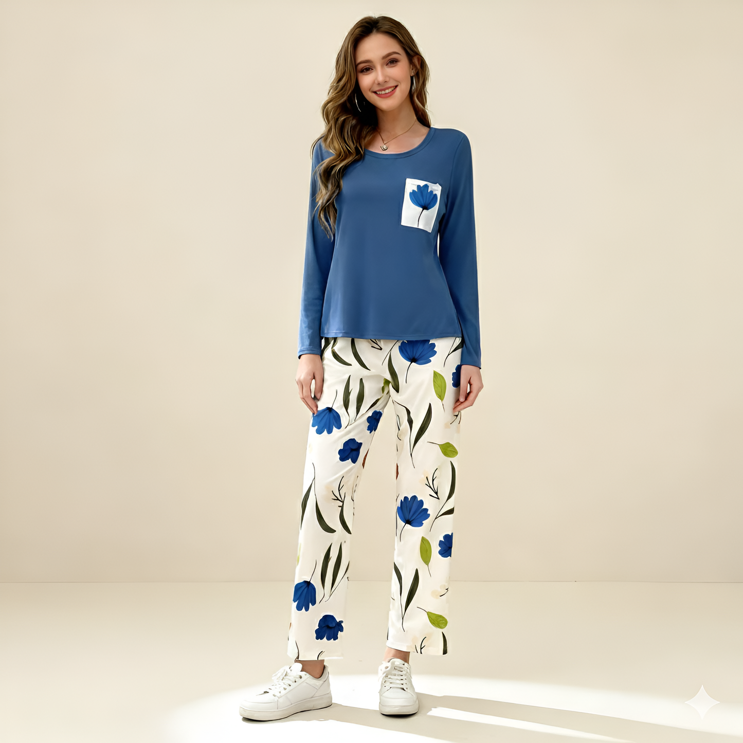 Blue Flower Pocket Printed Pajama Set