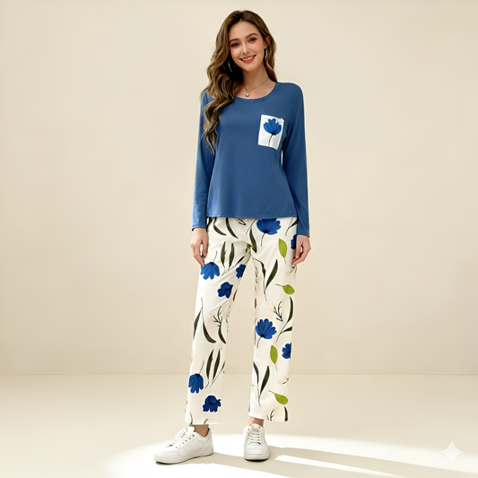 Blue Flower Pocket Printed Pajama Set