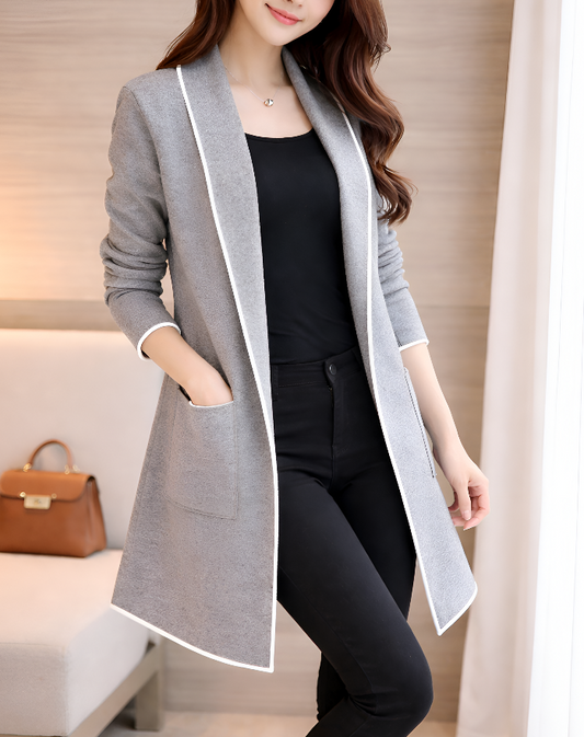 Grey Lapel Front Open Sweater Cardigan Dual Pockets