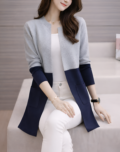 Blue Contrast Front Open Sweater Cardigan Dual Pockets