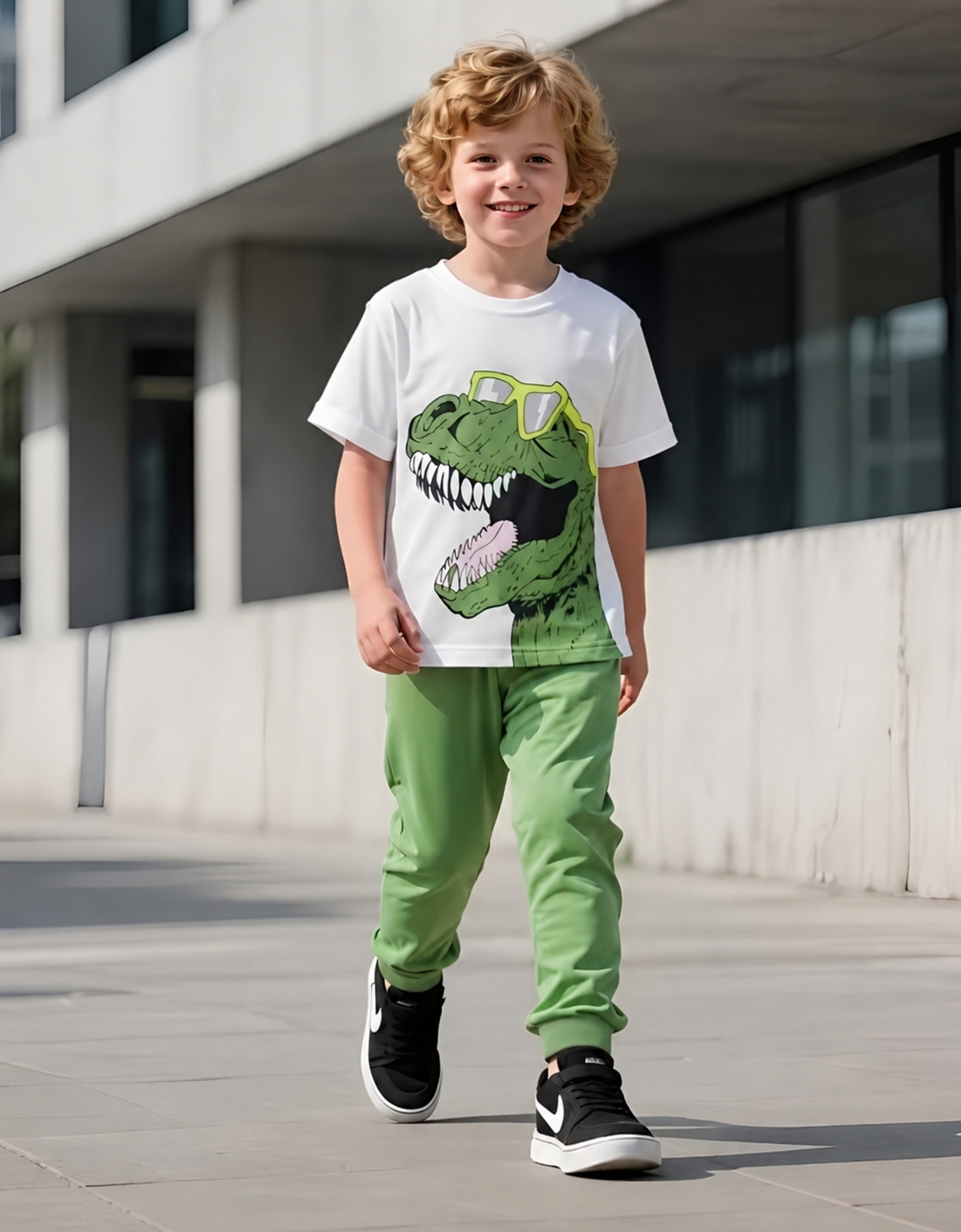 Light Green and White Dinosaur Print T-shirt and Trouser Kids Wear