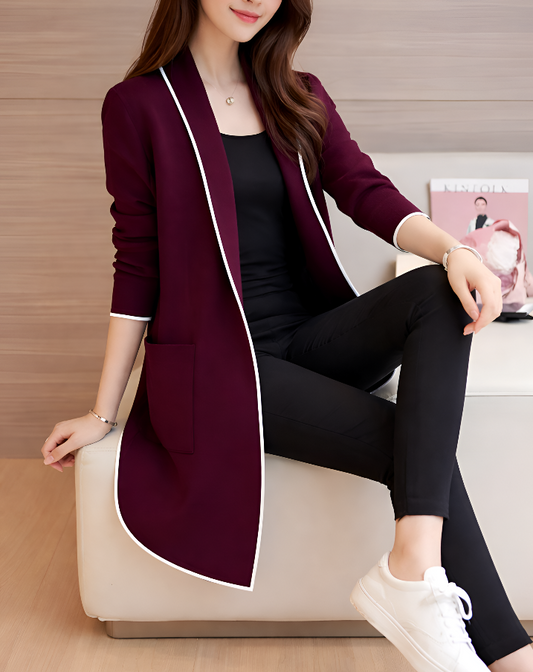 Maroon Lapel Front Open Sweater Cardigan Dual Pockets