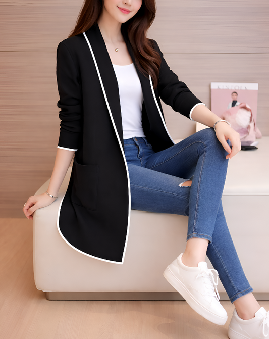 Black Lapel Front Open Sweater Cardigan Dual Pockets