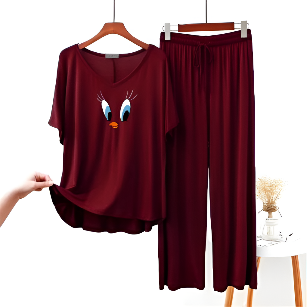 Daffy Duck Printed Half sleeves Maroon V Neck T shirt with Maroon Palazzo Pajama Set