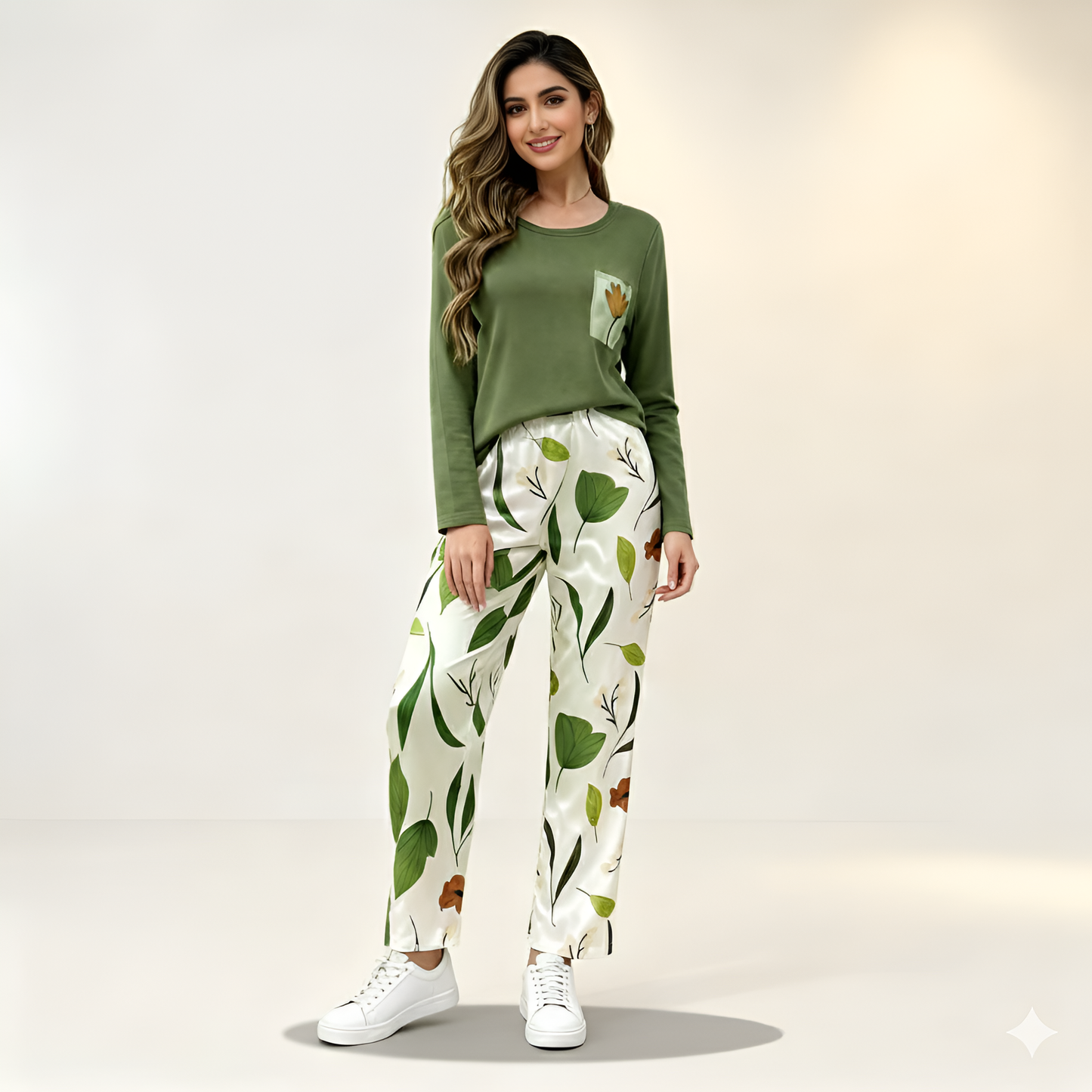 Green Flower Pocket Printed Pajama Set