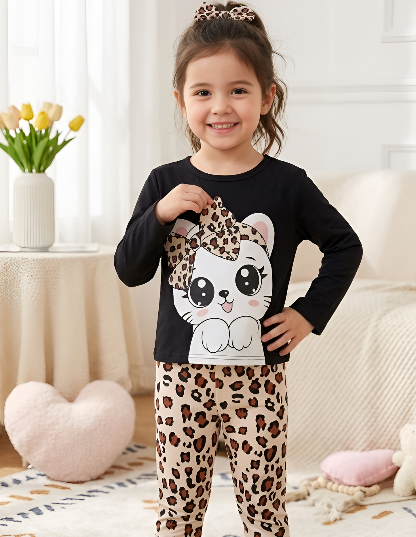 Black Cute Kitty With Cheetha Printed Pajama Kids wear