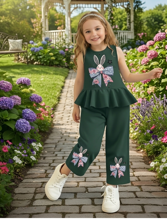 Green Bunny Bow Print Kids wear