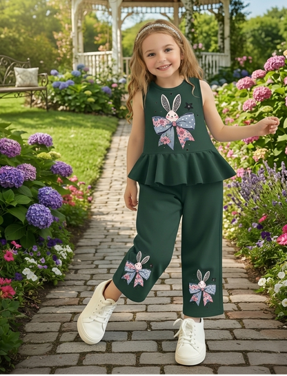 Green Bunny Bow Print Kids wear