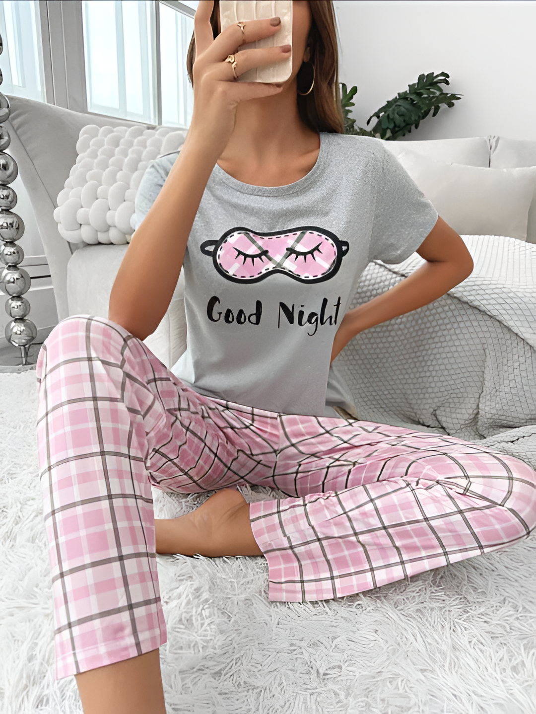 Grey with Light Pink Good Night Printed Pajama set