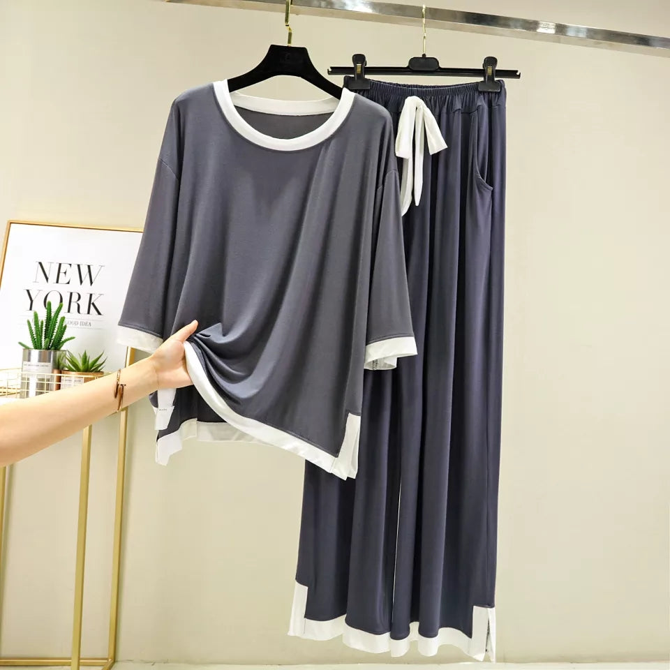 Full sleeves Grey with White Round Neck Palazzo Pajama Set