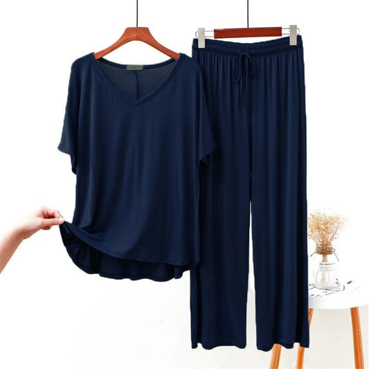 Full sleeves Plain Navy Blue V Neck T shirt with Navy Blue Palazzo Pajama Set