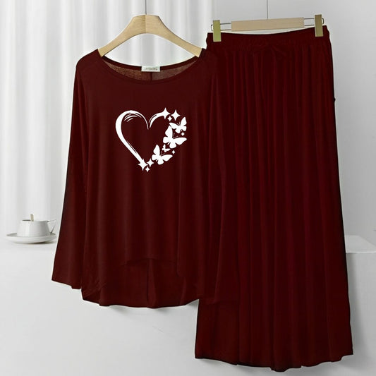 Heart Printed Maroon Frill Sleeve Loose Lounge Wear Palazzo Set