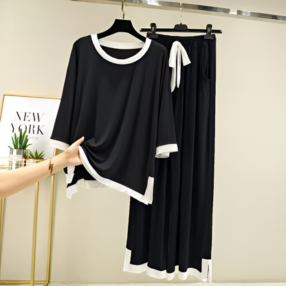 Black with White Round Neck Palazzo Pajama Set