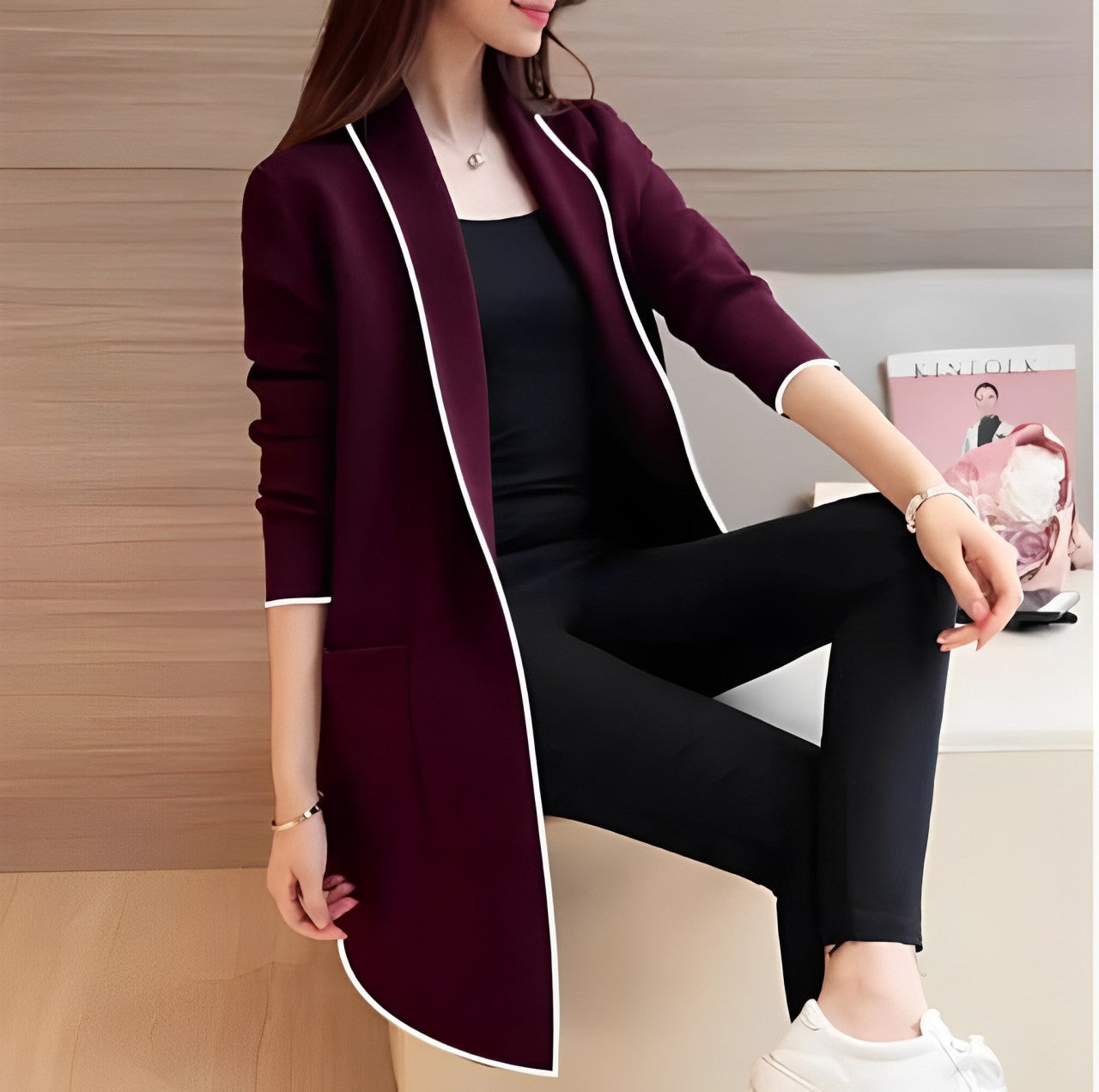 Maroon Lapel Front Open Cardigan Dual Pockets