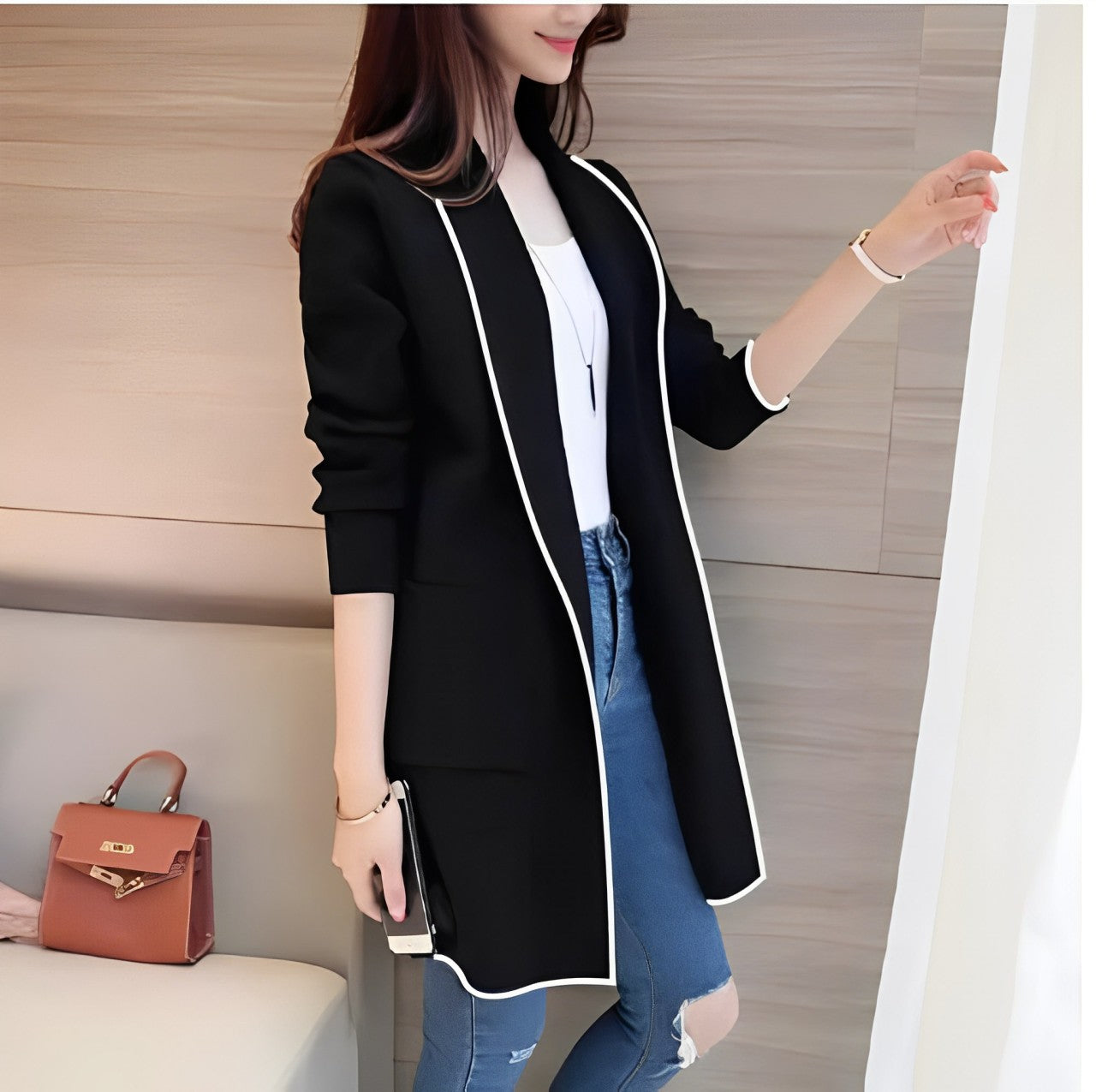 Black Lapel Front Open Cradigan Dual Pockets