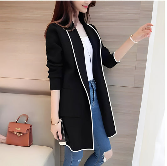 Black Lapel Front Open Cradigan Dual Pockets