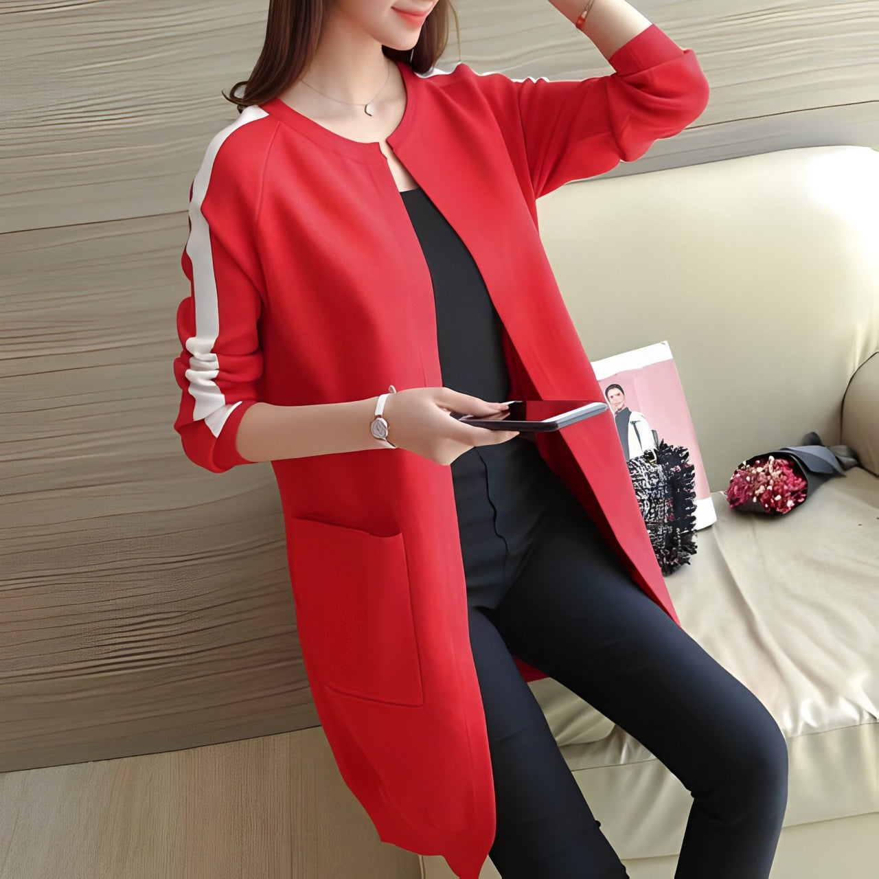 Red Western Stripe Long Sleeve Cardigan