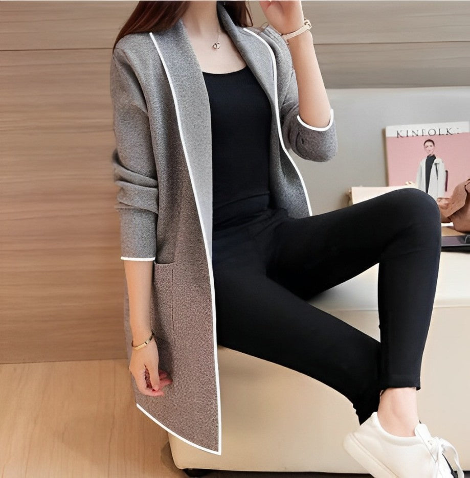 Grey Lapel Front Open Cardigan Dual Pockets