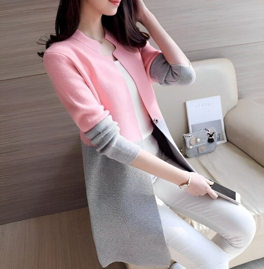 Pink Contrast Long Sleeve Fashion Cardigan Dual Pockets
