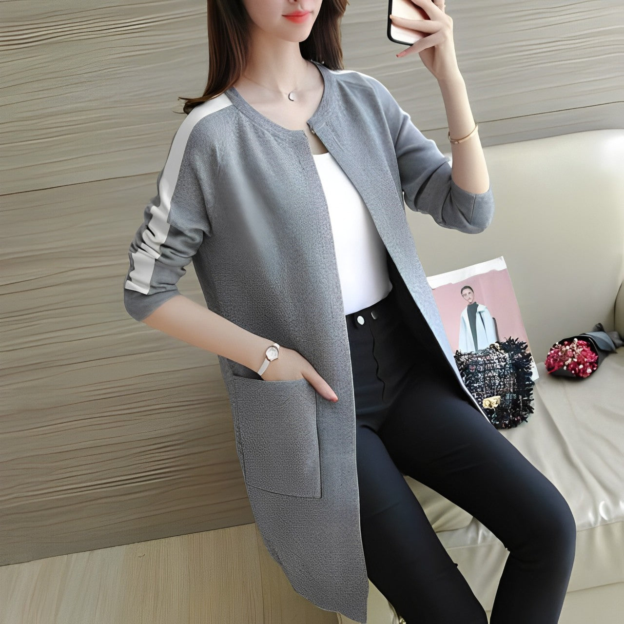 Grey Western Stripe Long Sleeve Cardigan