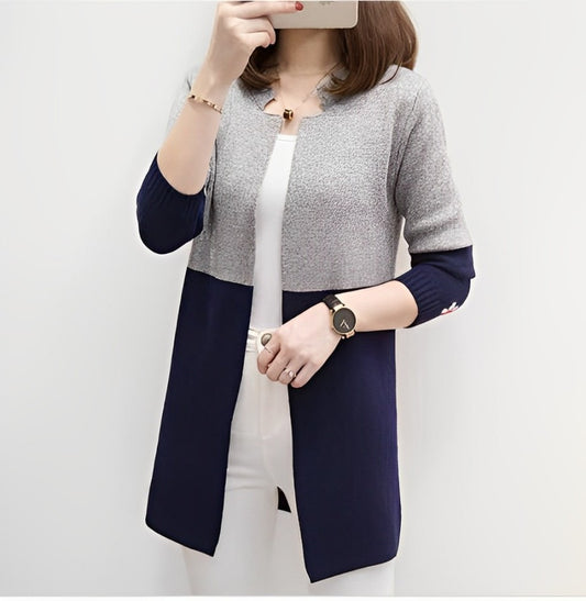 Blue Contrast Long Sleeve Fashion Cardigan Dual Pockets