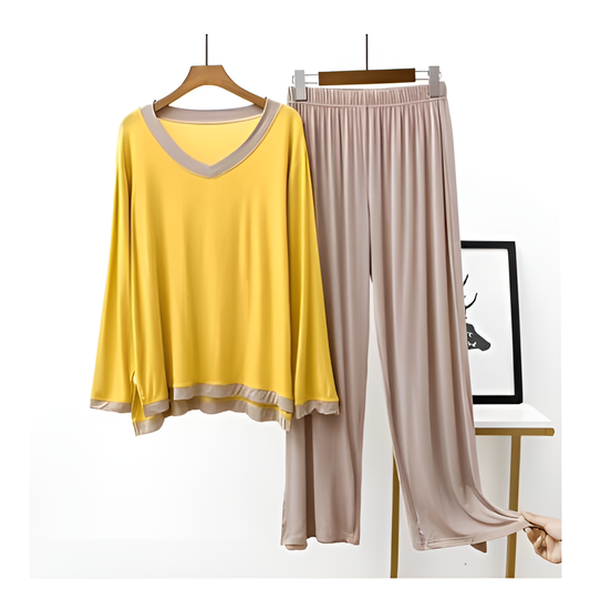 Yellow V Neck With Skin Contrast Palazzo For Women PJ Set