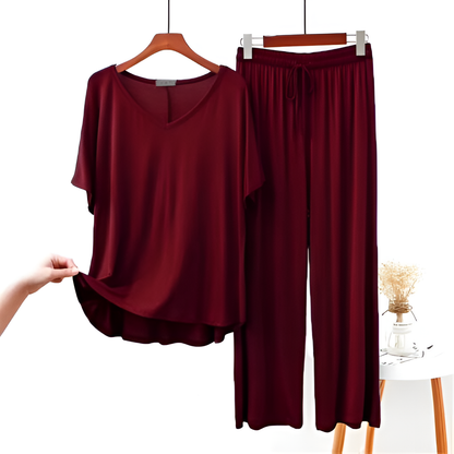Half sleeves Plain Maroon V Neck T shirt with Maroon Palazzo Pajama Set