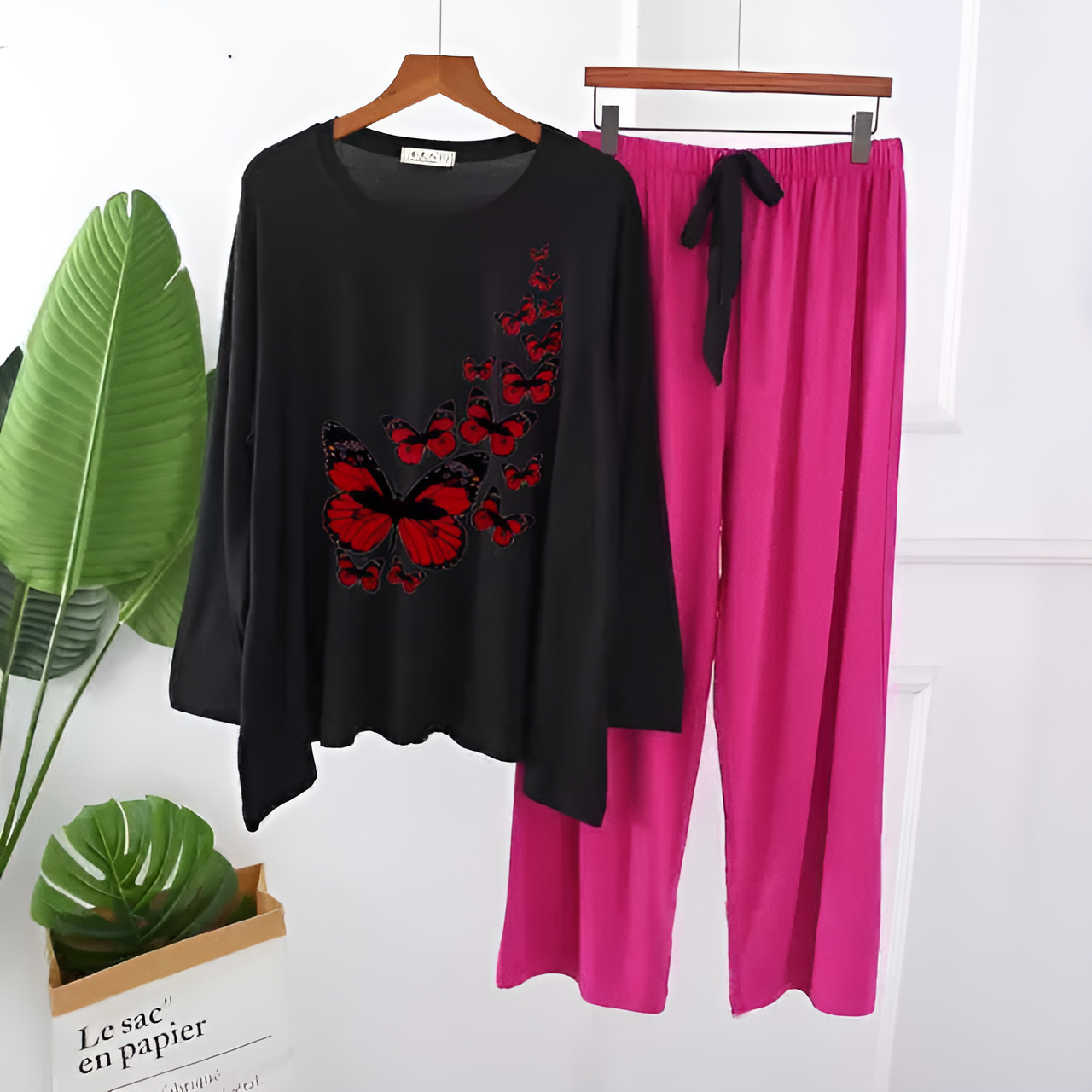 Black and Magenta Butterfly Printed Loungewear