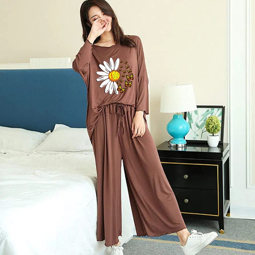 Brown Daisy Flower Printed Loungewear