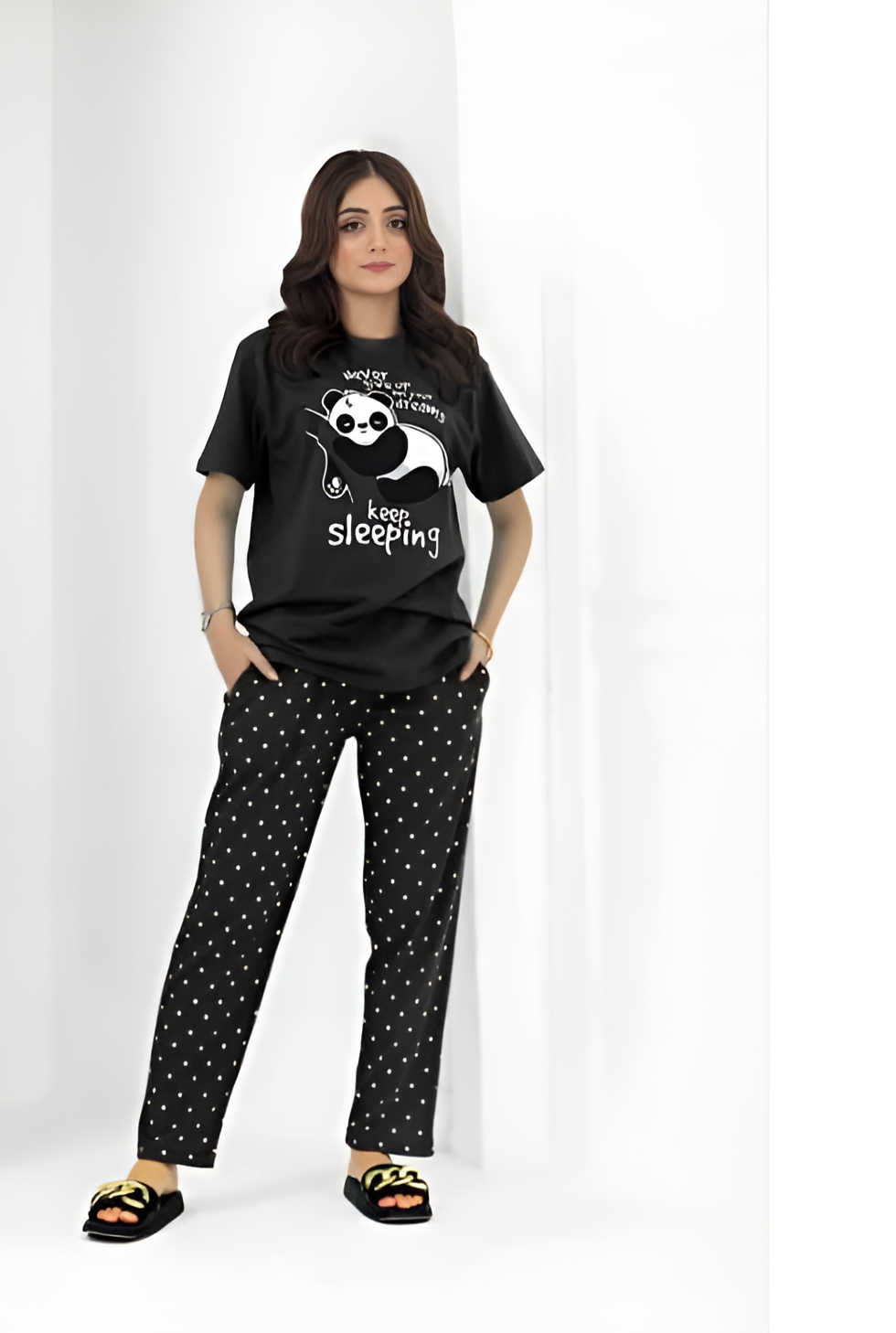 Cute Black Panda Print Pajama Set