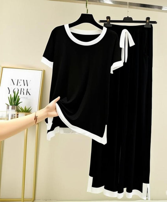 Half sleeves Black with White Round Neck Palazzo Pajama Set