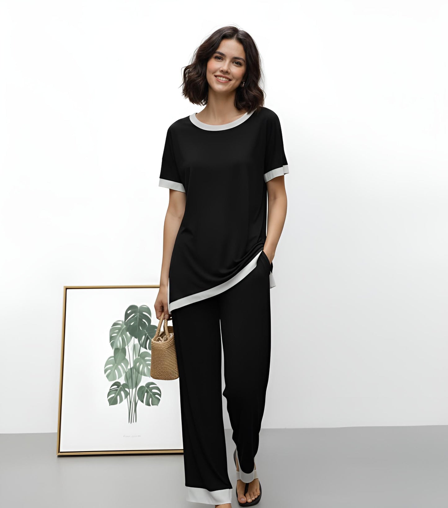Half sleeves Black with White Round Neck Palazzo Pajama Set