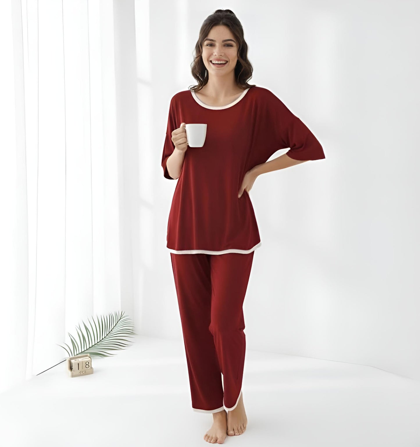Half sleeves Maroon with White Round Neck Palazzo Pajama Set